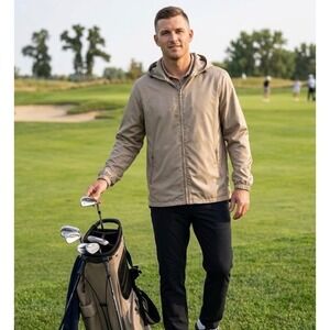 Five Four Los Angelos Windbreaker Hooded Jacket Beige Light Weight Golf Men's XL